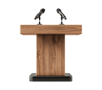 Wooden Podium with Microphones Ready for Public Speaking Event Setup