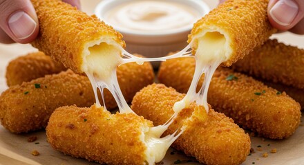 Delicious mozzarella sticks being pulled apart showing melted cheese