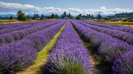 Scenic Vista of a Lavender Field in Full Bloom with a Distant Farmhouse and Rolling Hills Serene Beauty