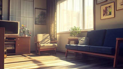 Obraz premium serene living room interior bathed in sunlight with classic furniture and wooden floorboards creating a tranquil and inviting atmosphere