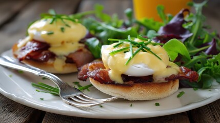 Delicious Eggs Benedict with Crispy Bacon on a Plate Served with Fresh Salad and Orange Juice for Breakfast