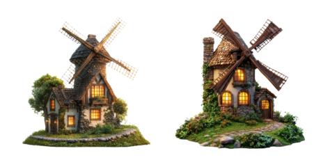 Charming Windmill House with Lush Greenery and Warm Evening Lights