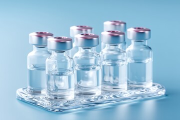 Clear Glass Vials with Shiny Metal Caps Filled with Liquid in a Medical Research Setting Blue Background