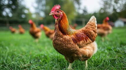 Fototapeta premium A free-range chicken farm with hens pecking naturally in an open field,
