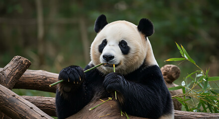 Obraz premium One panda sitting and eating bamboo in a natural setting, focus on the animal with soft bokeh in the background, adorable and calm atmosphere