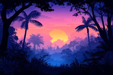 Fototapeta premium Vibrant Palm Trees Silhouette Against Exotic Sunset Sky: A Serene Nature Landscape and Colorful Twilight Adventure
