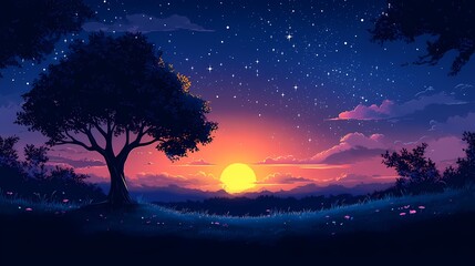 Naklejka premium Scenic Nature Landscape with Sunset Glow and Starry Night Sky - Digital Art Illustration