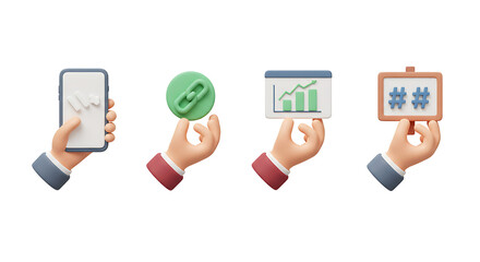 3D Render: Hands Holding Mobile, Link, Chart, Hashtag Icons