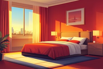 Modern Cozy Bedroom with Red Walls and City Skyline View – Elegant Home Decor & Warm Ambiance for Relaxation