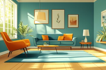 Modern Living Room Interior Design with Vibrant Colors and Natural Light