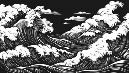 Monochrome illustration of powerful ocean waves crashing.