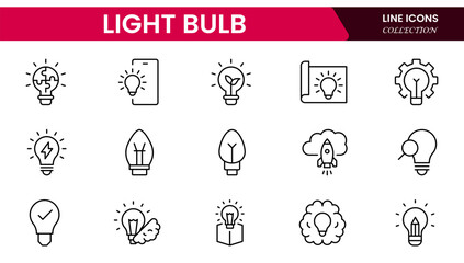 Fototapeta premium Vector illustration web line icon collection showcasing light bulb designs representing ideas, innovation, creativity, energy, solutions, thinking, inspiration, technology, brightness, and invention.