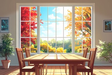 Obraz premium Autumn Dining Room Interior with Nature View and Fall Foliage: Cozy Home Decor with Vibrant Colors and Warm Ambiance