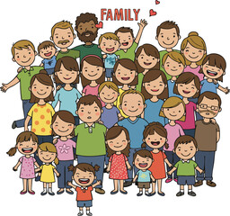 Large Cheerful Cartoon Family Gathering Vector Illustration
