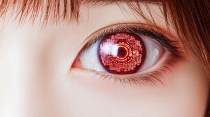 Close-up of futuristic eye with digital red design elements