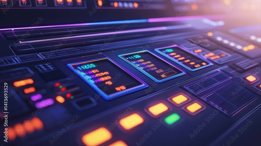 Poster futuristic control panel with colorful display and buttons