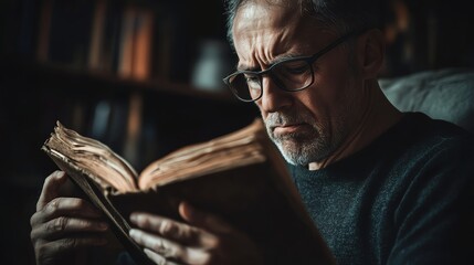 Elderly man reading a vintage book thoughtfully.
