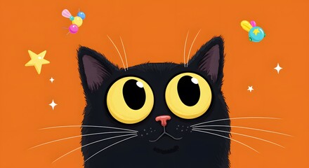 Obraz premium AI image displaying a cute cartoon black cat face with huge expressive yellow eyes looking forward, fun orange background with toys.