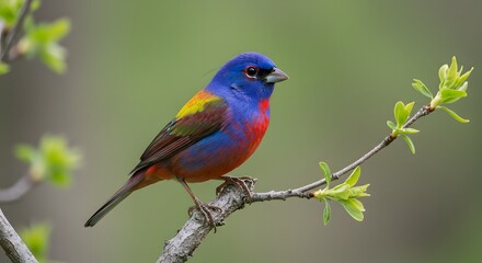 Obraz premium A close-up photograph of a Painted Bunting perched on a small tree branch.