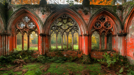 Fototapeta premium Enchanting autumnal scene of a moss-covered, red brick ruin with Gothic arches, overgrown with nature.