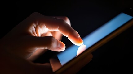 Hand touching smartphone screen in dark environment
