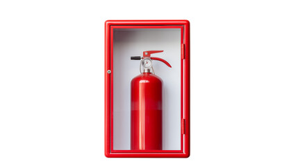 Obraz premium A red fire extinguisher inside a red framed box on a wall a transparent background