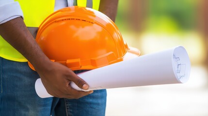 Construction professional with safety gear and blueprints