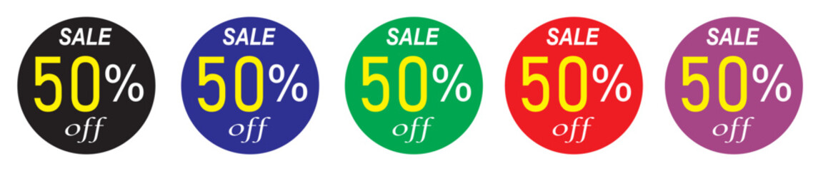 Colorful 50% Off Sale Stickers – Round Discount Labels for Promotions & Marketing