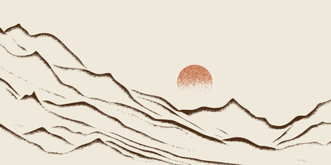 Mountain landscape in sepia tones, minimalism, imitation pencil drawing, stroke texture, imitation engraving, vector illustration © Valerii