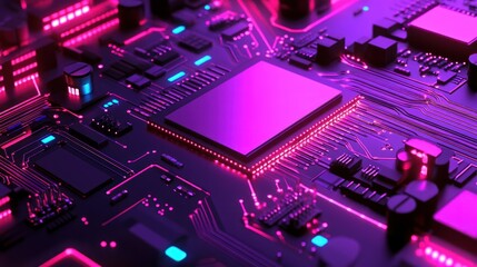 futuristic motherboard with glowing pink and blue circuits showcasing intricate technology and complex interconnectivity in a modern design