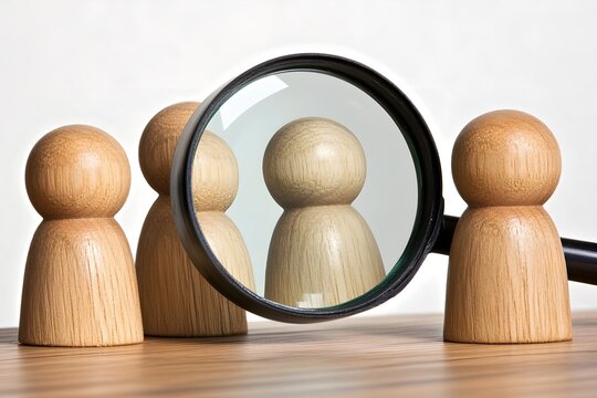Magnifying Glass Focusing on Wooden Figure Among Others