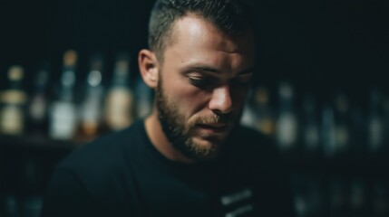 Bartender preparing drinks in a dimly lit bar filled with bottles during a lively evening.