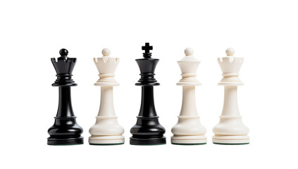 A close up of chess pieces including black and white kings queens and rooks on a  transparent background png