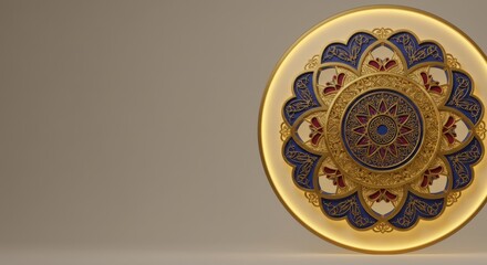 Obraz premium Elegant Circular Mandala Design: Intricate Gold and Blue Ornament with Backlit Illumination