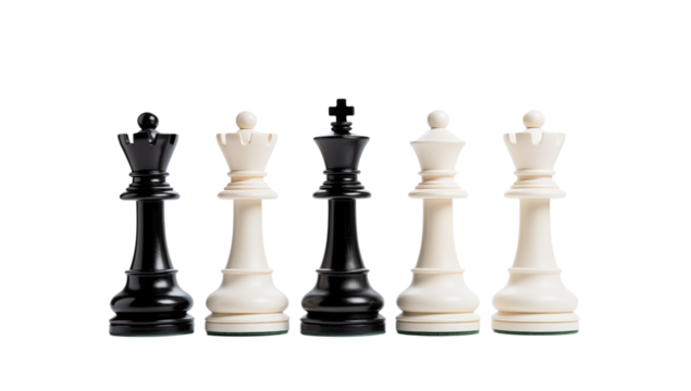 A close up of chess pieces including black and white kings queens and rooks on a  transparent background png