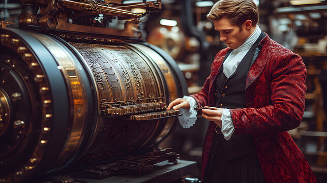 A man in a historical red coat operates an antique printing press, showcasing intricate details and craftsmanship.
