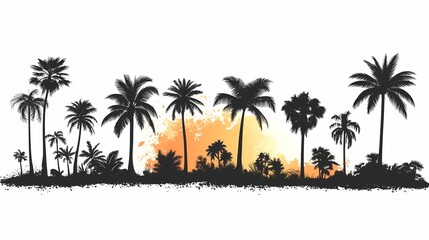 Obraz premium Tropical Paradise Sunset Silhouette: Scenic Nature Artwork of Palm Trees on a Tranquil Coastal Horizon