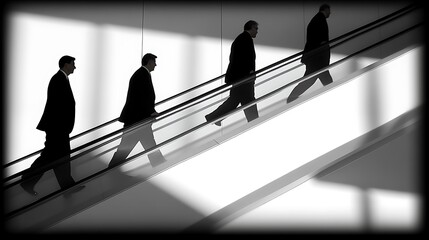 Silhouetted businessmen ascending escalator.