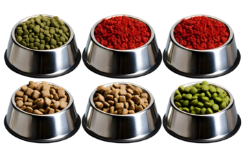 Six Bowls of Assorted Dry Pet Food on Transparent Background Photo