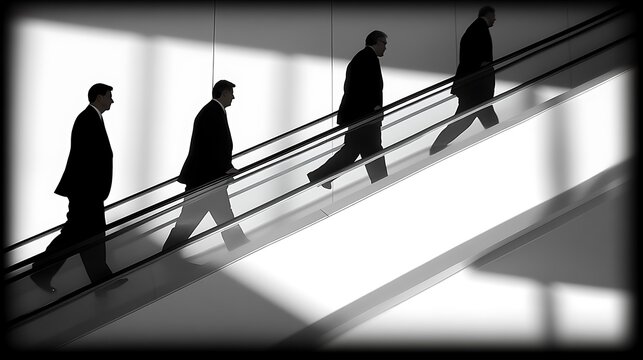 Silhouetted businessmen ascending escalator.
