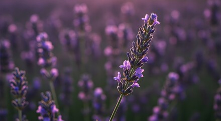 AI image of a close-up of a lavender sprig with purple flowers in a field. The blurred background adds to the dreamy feel.