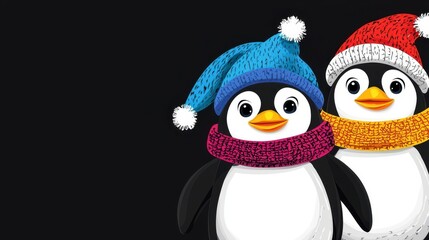 Fototapeta premium Cute Cartoon Penguins in Colorful Winter Hats and Scarves