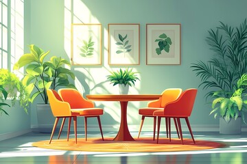 Obraz premium Modern Living Room Interior Design: Cozy Minimalist Home Decor with Vibrant Artwork & Tropical Greenery