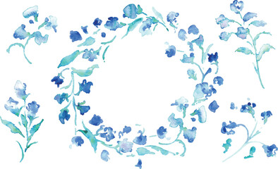 水彩画。水彩タッチのベクターイラスト。青い花のスズランイラスト。植物と花のベクターフレーム。Watercolor painting. Vector illustration with watercolor touch. Blue flower lily illustration. Vector frame of plants and flowers.