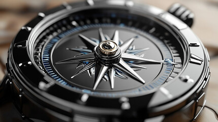 A close-up of a modern shiny new compass on a light background symbolizes guidance direction clarity decision making personal journey exploration purpose and finding one's true path in life

