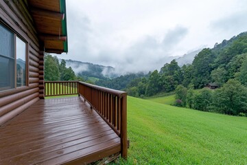 Fototapeta premium A log cabin with a wraparound porch, overlooking a vast valley covered in mist