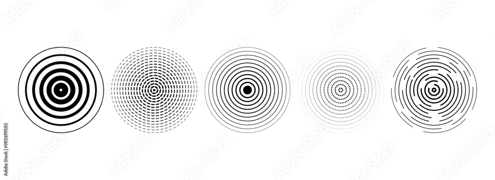 Poster Black concentric circles set. Rippled and dashed sound wave rings collection. Epicenter, target, radar, sonar icon concept. Radial radio signal or vibration elements. Linear halftone symbols. Vector