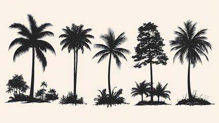 Fototapeta premium Tropical Paradise Illustration: Black and White Palm Tree Silhouettes for Minimalist Home Decor and Nature Art Designs