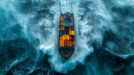 
A container ship battles massive waves in a turbulent ocean seen from above symbolizing volatile markets economic instability and the struggle to navigate financial crises in uncertain times

