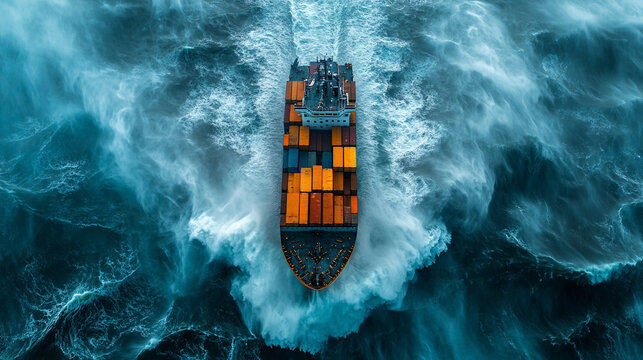 A container ship battles massive waves in a turbulent ocean seen from above symbolizing volatile markets economic instability and the struggle to navigate financial crises in uncertain times